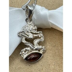 Sterling Silver Dragon Pendant Cognac Amber Gemstone Mythical Jewelry